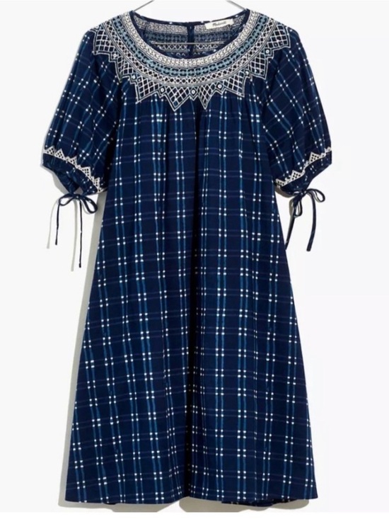Madewell Dresses & Skirts - Madewell Embroidered Puff-Sleeve Babydoll Dress in Indigo Plaid XXS